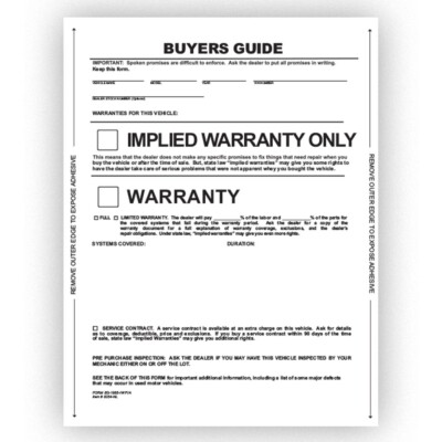 Peel n Seal Implied Warranty Buyers Guide 1 Part No Lines, qty 100