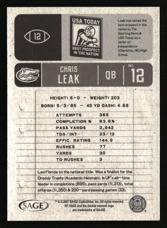 Chris Leak 2007 SAGE HIT #12 FOOTBALL Card - Image 2 of 2