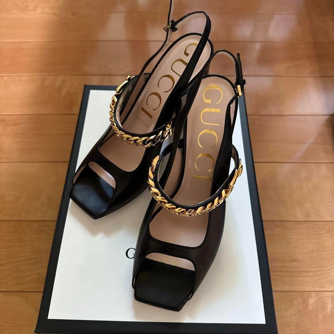Sandales à talons chaîne cuir GUCCI mules escarpins chaussures femme taille EU 38 noir