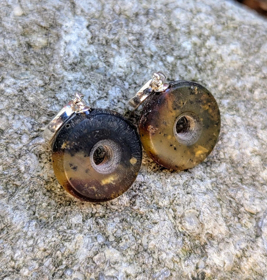 Pendientes hechos a mano de ámbar báltico natural negro donuts plata de ley 925 Foto 2 de 4