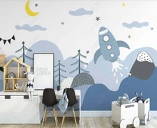 3D Rocket Mountain Tree Moon Kids Self-adhesive Removeable Wallpaper Wall Mural