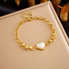 Woman 18K Gold Plated Heart Charm Rolo Chain Bracelet Bangle
