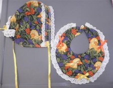 Handmade BABY BIB MATCHING BONNET ducks and flowers NEW hand crafted made