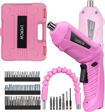Pink Cordless Screwdriver Set with Rechargeable Battery and Charger, Rotating