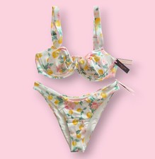 Victoria's Secret 32D Wicked Bikini Top S Brazilian Bottom 2 Pc Set Lemon Floral