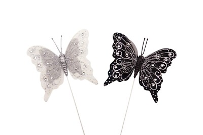 12PC 4'' Black + White Feather Butterfly w Silver Glitter DIY Wedding Cake Topper