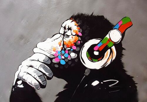 QUADRO STAMPA SU TELA CANVAS  Banksy dj monkey scimmia con cuffie STREET ART  - Foto 1 di 3