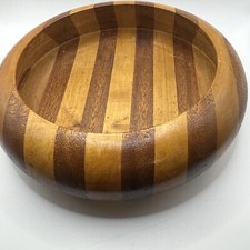 Vintage Wooden Bowl Striped Round Multi Woods Thick 11x3 Inches