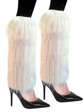 Fuzzy Faux Fur Leg Warmers Fur Heels Long Boots Cuff Cover has White