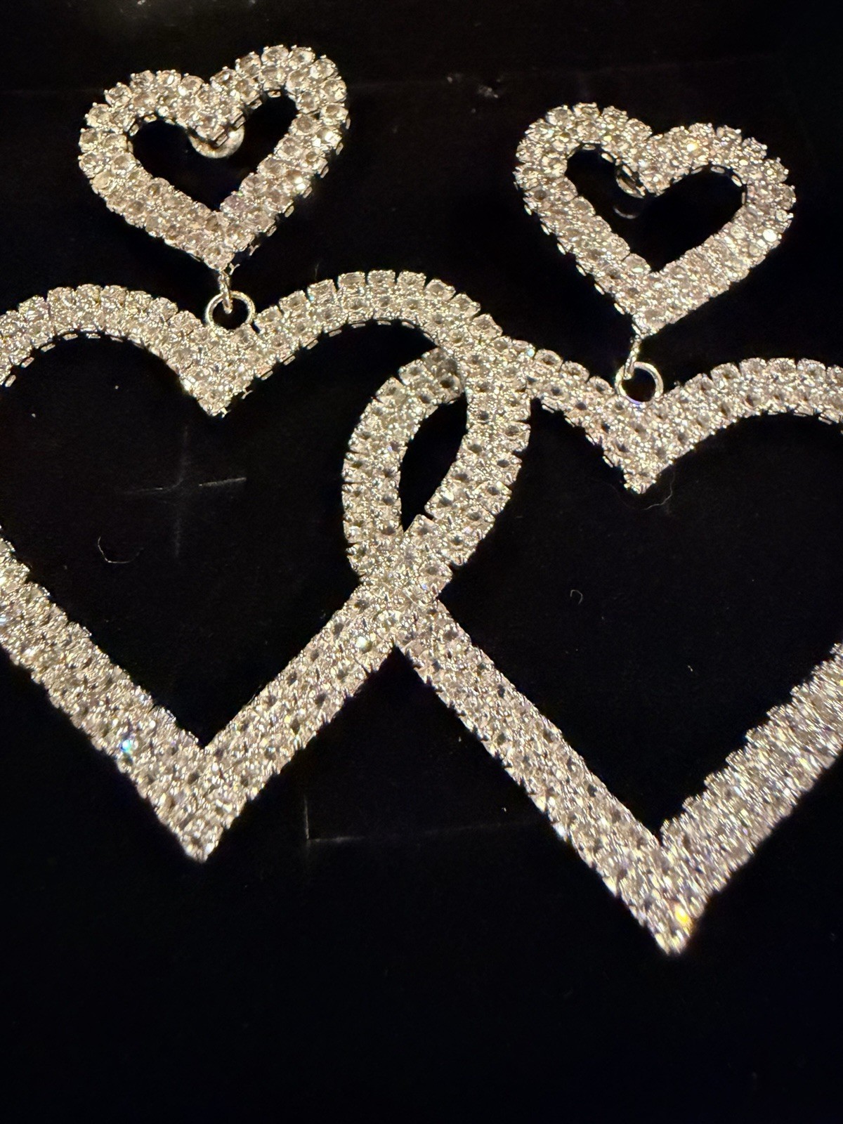 Statement Double Heart Rhinestone Drop Earrings S… - image 4