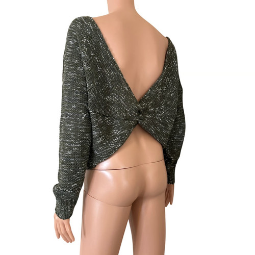 Abound olive green sweater twisted back knot loose knit crew neck SZ MD EUC