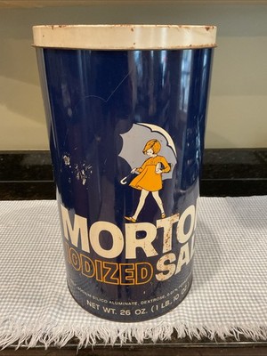 Vintage Morton Salt Tin Metal Container Advertisement Trash Garbage Can W/ Lid
