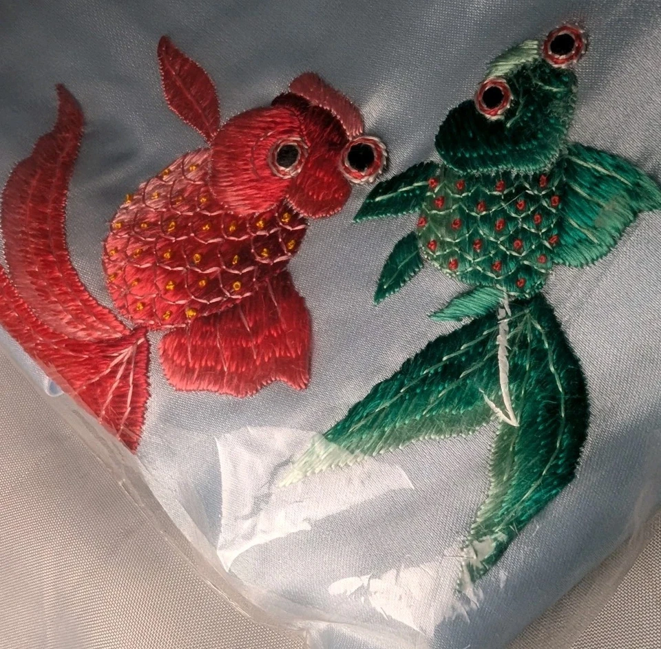 GUSU KOI FISH Duvet Cover EMBROIDERED Fish Blue Satin 86x78 Full Bed Pillow Sham - Image 3 of 4