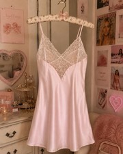 Victoria  s Secret Blush Pink Satin Lace Slip Nightgown Chemise Sleep Dress M Y2K