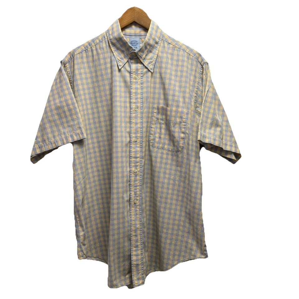 Mercer & Sons Men's Size 17 Blue/Yellow Plaid Button Down Cotton S/S Shirt USA - Image 2 of 4