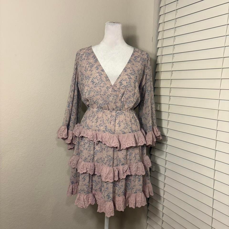pink and dusty purple ruffled tiered flowy flare sleeve v neck cottagecore  dress
