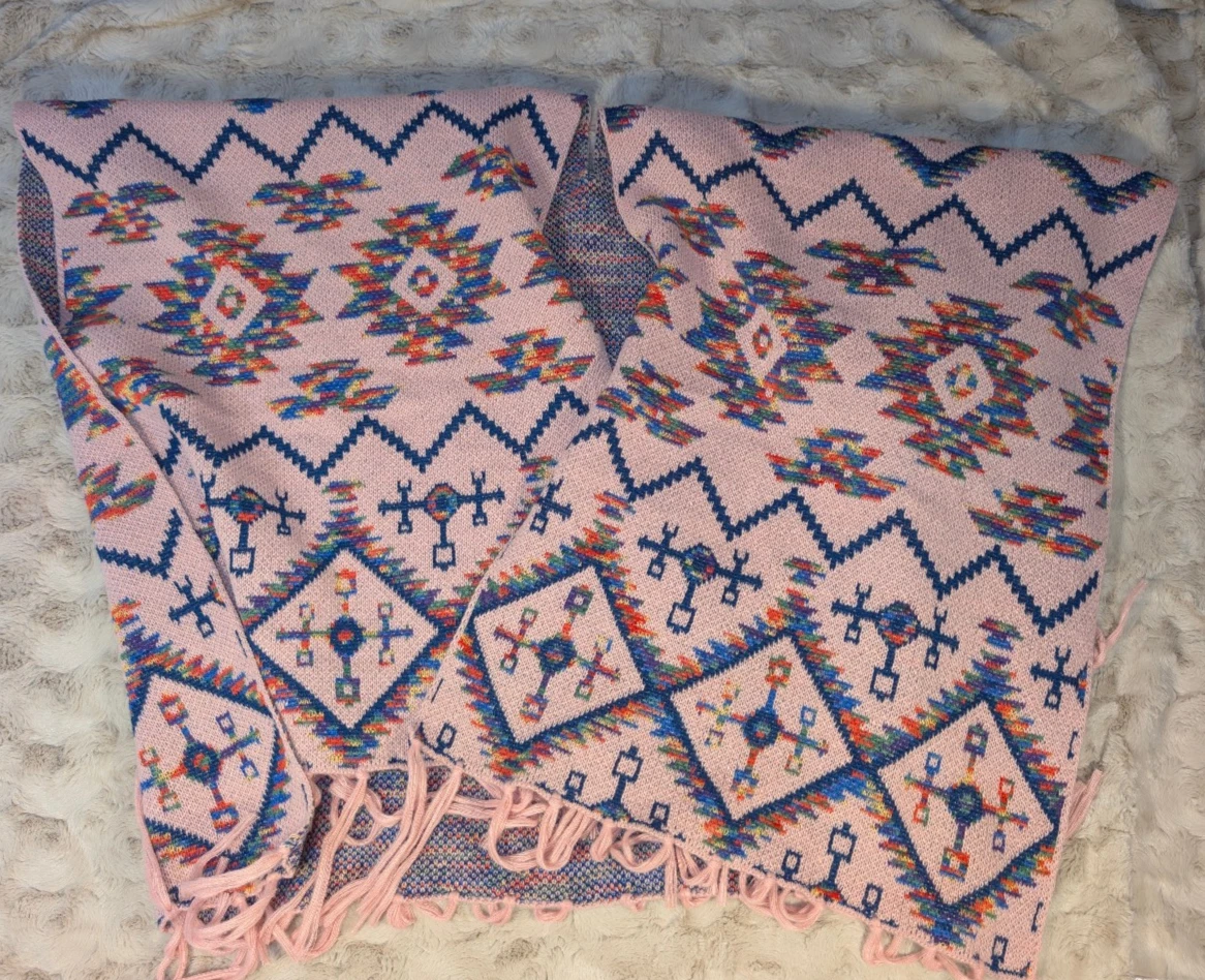 Poncho Cape Hand Woven Wool Blend Pink W Fringe Aztec Geometry