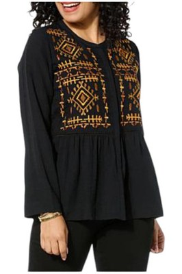 IMAN Women's Embroidered Woven Button-Front Blouse Black