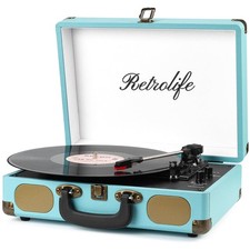 Portable 3 Speed Bluetooth Vinyl Record Player with Speakers Blue Line