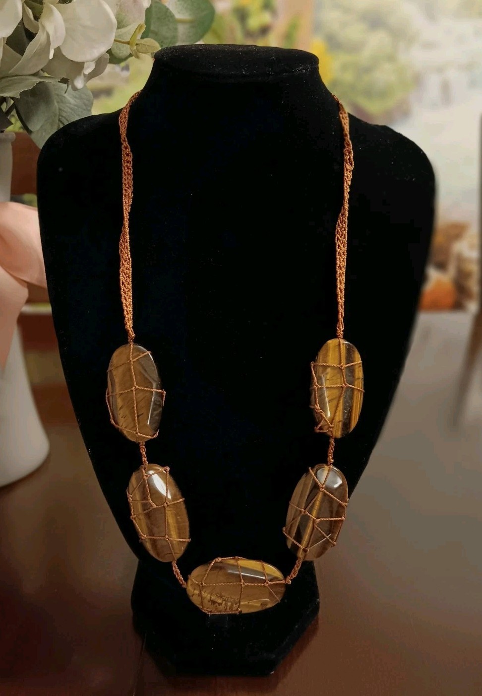 😍 Amber Brown Tiger Eye Stone Statement  Necklac… - image 1