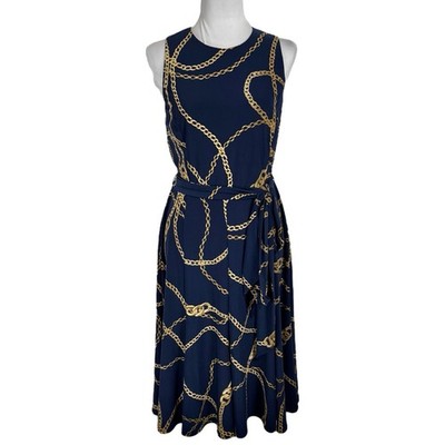 LRL Ralph Lauren Blue Gold Chain Pleated Midi Dress Size 8 Nautical Sleeveless