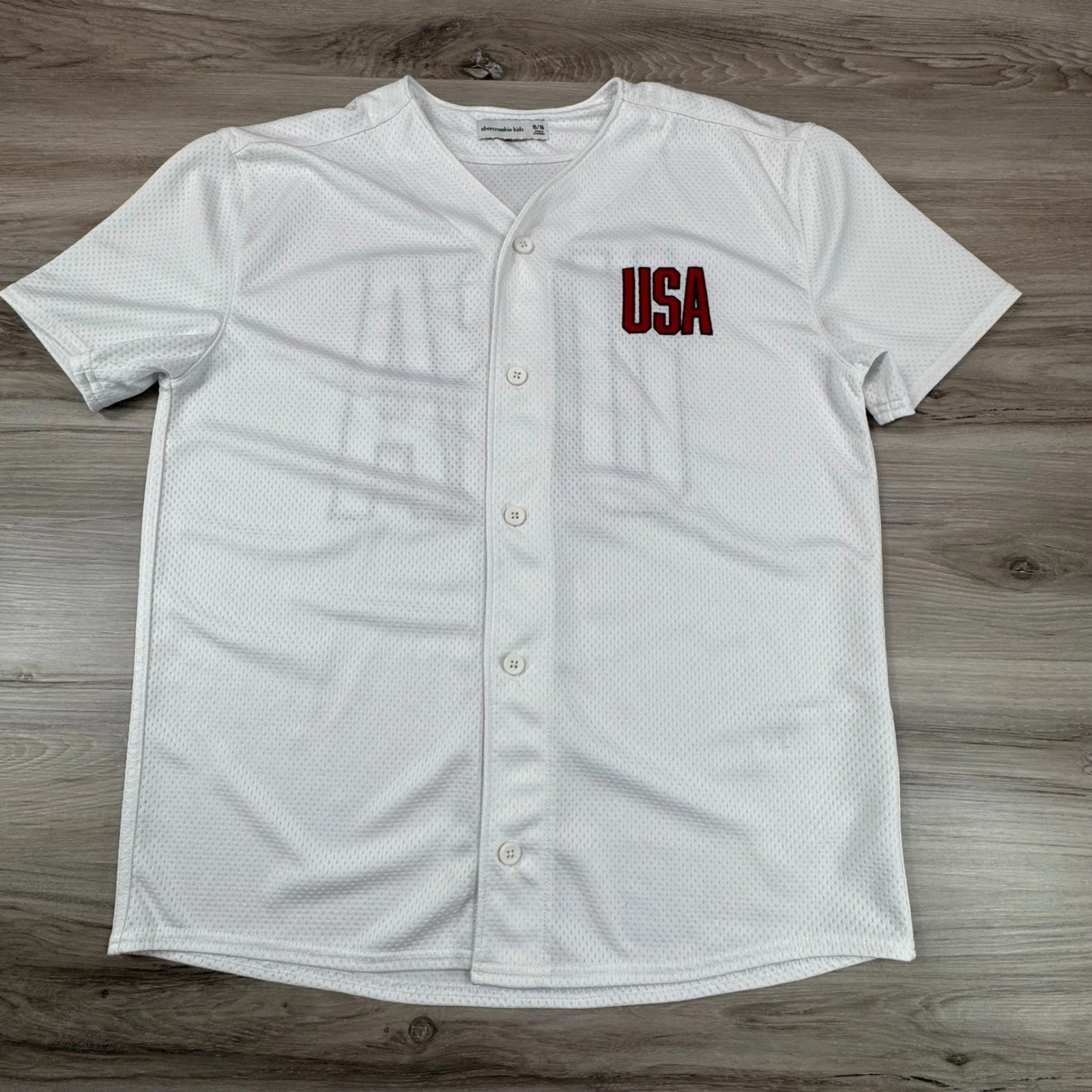 Abercrombie Kids USA Baseball Jersey White Red Blue Short Sleeve Youth 15/16