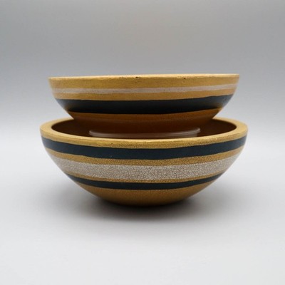 Set of 2 Primitive Style Wooden Nesting Bowls Striped Crackle Glaze Farmhouse