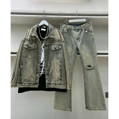 Luxury Men Denim Trendy 2-Piece Set Embroidered Retro Jeans Ripped Casual Jacket