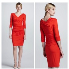 DVF Bentley Red Three-Quarter Sleeve Ruched Dress Size Medium Classic Stretch