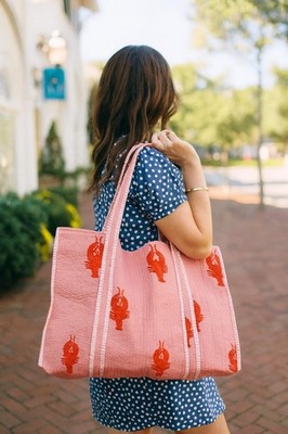 Cotton Tote Bag Pink Lobster Print Beach Shoulder Bag For Valentines Day Gift