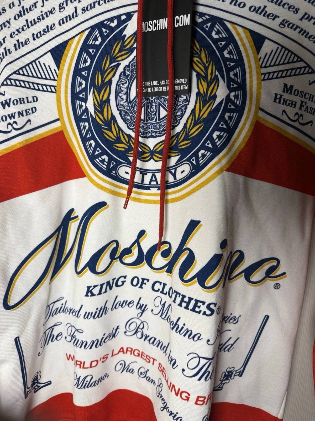 Felpa con cappuccio Moschino x Jeremy Scott stampa Budweiser cotone donna taglia 2 colore rosso nuova con etichetta