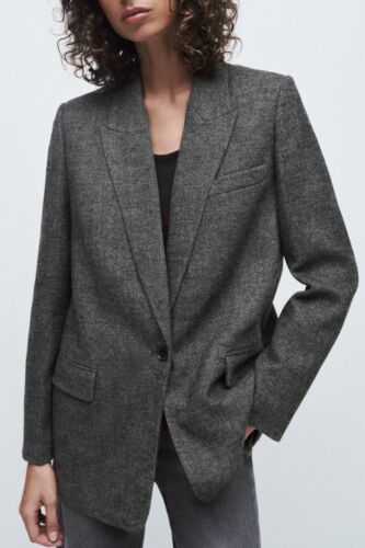ZARA ANTHRACITE GREY WOOL BLEND HERRINGBONE BLAZER SIZE M - Picture 5 of 19