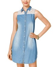 Polly & Esther Juniors' Lace-Trim Sleeveless Chambray Shirtdress Size: M