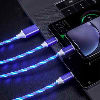 3in1 LED Light Up Fast Charging Charger Cable USB iPhone Android Type C (Blue)