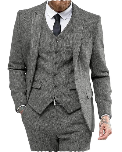 Mens 3 Piece Suit Groom Wedding Wool Blend Tweed Herringbone Suit 42 44 46 48 50 - Picture 5 of 33