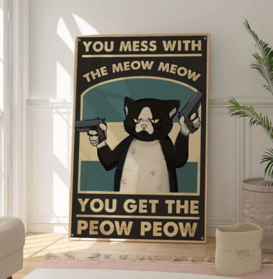 Lustiges Gangster Katze Schild Poster, Vintage Tierschild Kunstwerk, Original Katzendruck