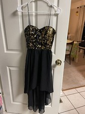 HAILEY LOGAN ADRIANNA PAPELL DRESS BLACK GOLD SEQUINS Med 11/12 HI LOW Y2K Bow