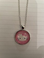 Pink Hello Kitty Silver Round Pendant Necklace