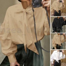 Mens Long Puff Sleeve Vintage Pussy Bow Shirts Formal Party Cocktail Blouse Tops