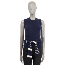 67070 auth CHANEL navy blue cashmere 2002 02C BELTED SLEEVELESS KNIT Shirt 38 S