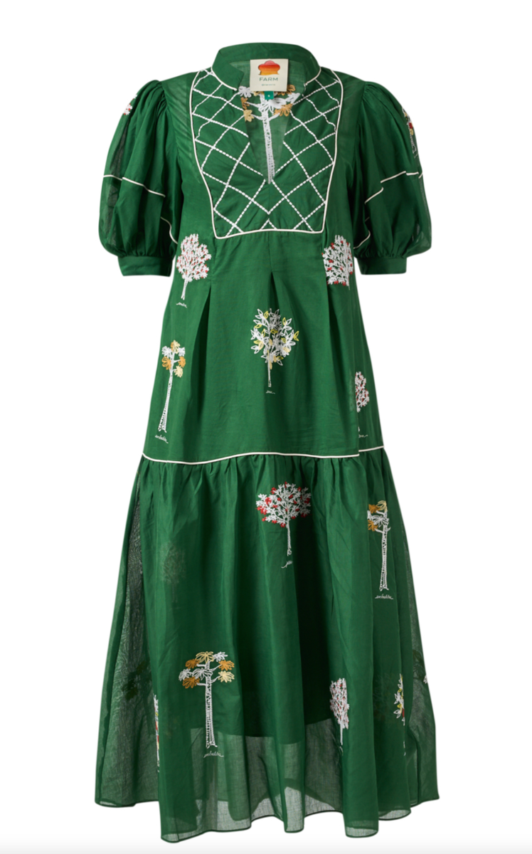 Farm Rio Green Embroidered Trees Organic Cotton Midi Dress Size L
