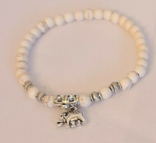 Synthetic Howlite Dainty Beaded Bracelet White Antique Silver Round Elephant