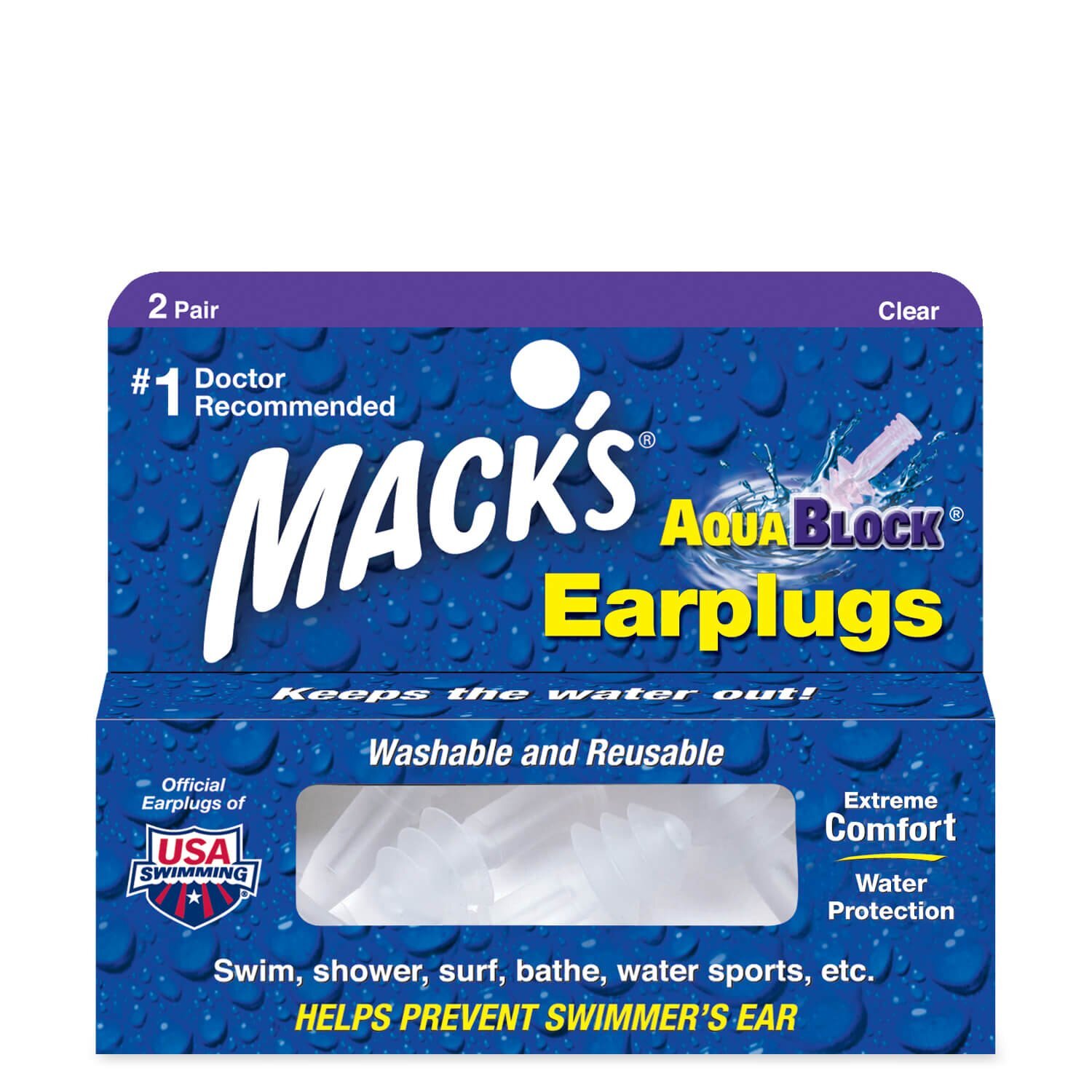 Mack's Aqua Block Ear Plugs - 2 Pair (Clear)
