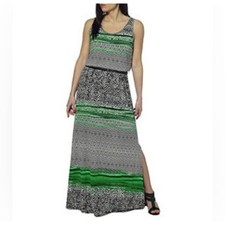 Fever Women's Jungle Green Geo Print Stretchy Maxi Dress w/ Slit Size XS NEW