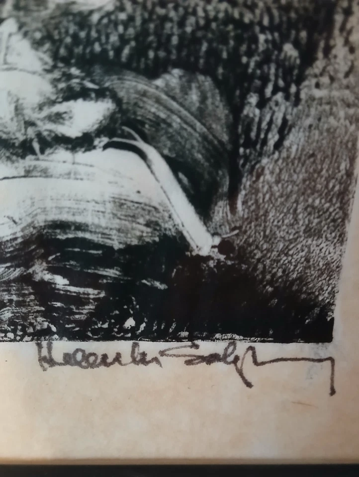 Antigua impresión en madera vintage en papel lavado a mano firmada por Halluler Solgray Foto 3 de 4