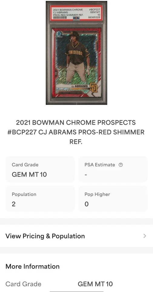 CJ Abrams 2021 Bowman Chrome Prospect Red Shimmer Refractor #BCP227 #9/10 Gem 10 - Image 3 of 4