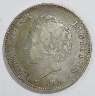 SPAIN 1892 5 PESETAS SPANISH COAT OF ARMS ALFONSO XIII SILVER WORLD COIN 🌈⭐🌈