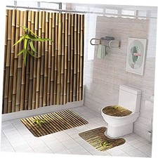 4Pcs Bamboo Shower Curtain Set with Non-Slip Rugs and Toilet Lid Brown Green