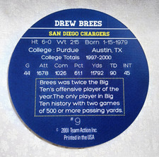 9 Drew Brees  2.5 Inch Team Action Rookie Disc Card - San Diego Chargers. rookie card picture
