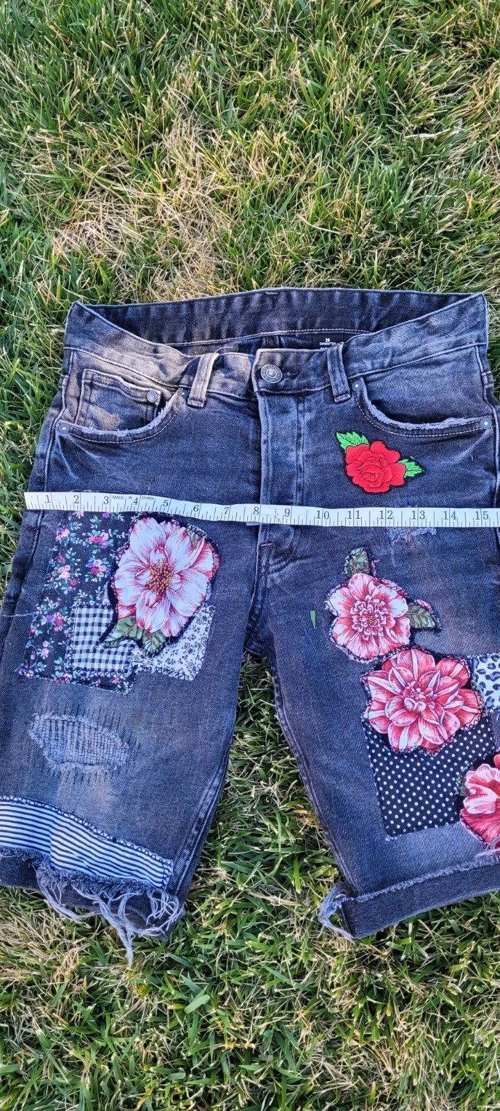 Black Upcycled Patchwork Denim Button Fly shorts-… - image 14